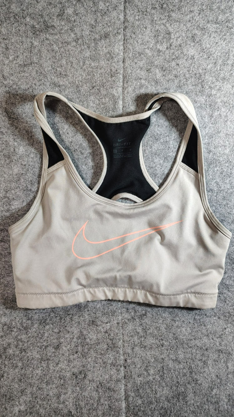 Nike Dri-fit Sports Bra Gray with Coral pink Swoosh & Nike on back Size L